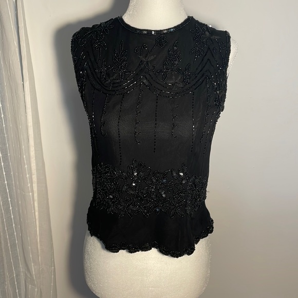 PAPELL BOUTIQUE Evening Black 100% Silk Top Beadwork & Sequins Vintage Size S - Picture 2 of 11